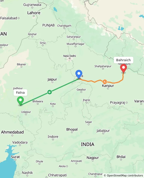 Route map showing distance and travel time from Falna, India to Bahraich, India