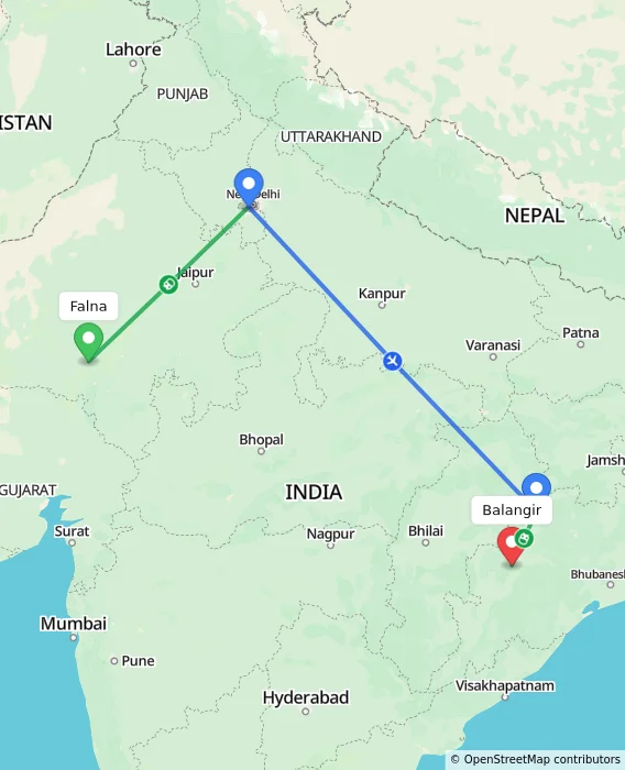 Route map showing distance and travel time from Falna, India to Balangir, India
