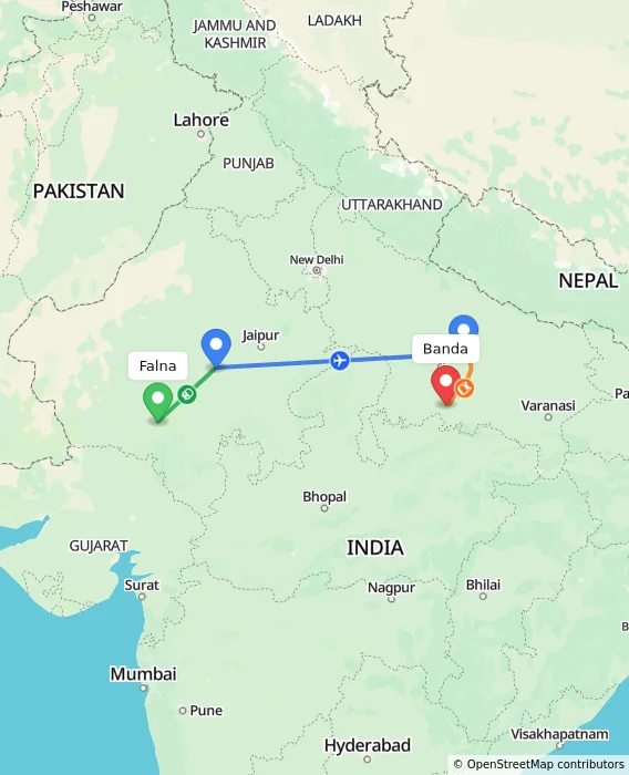 Route map showing distance and travel time from Falna, India to Banda, India