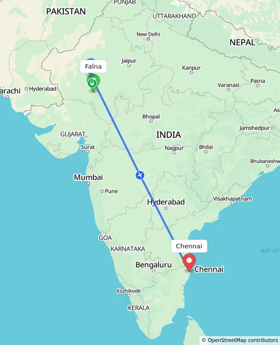Route map showing distance and travel time from Falna, India to Chennai, India
