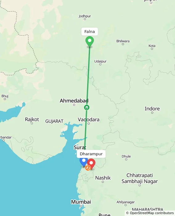 Route map showing distance and travel time from Falna, India to Dharampur, India