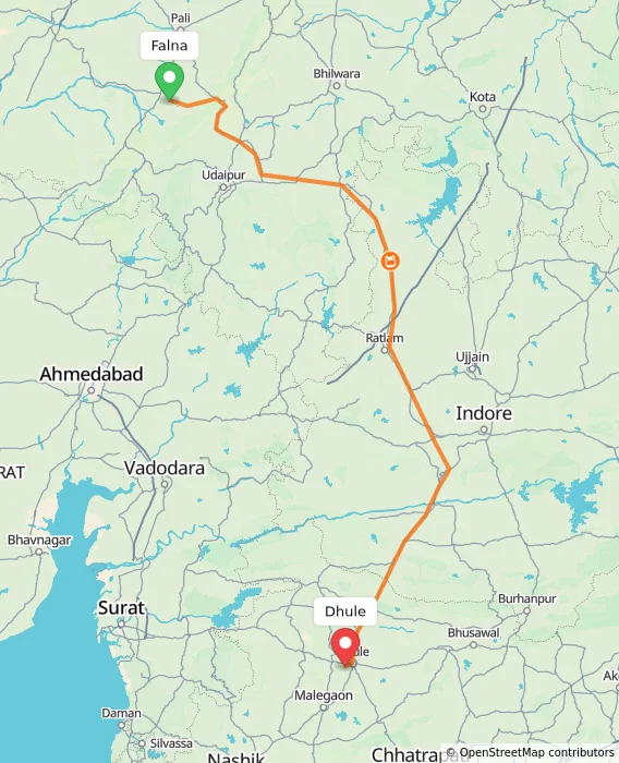 Route map showing distance and travel time from Falna, India to Dhule, India