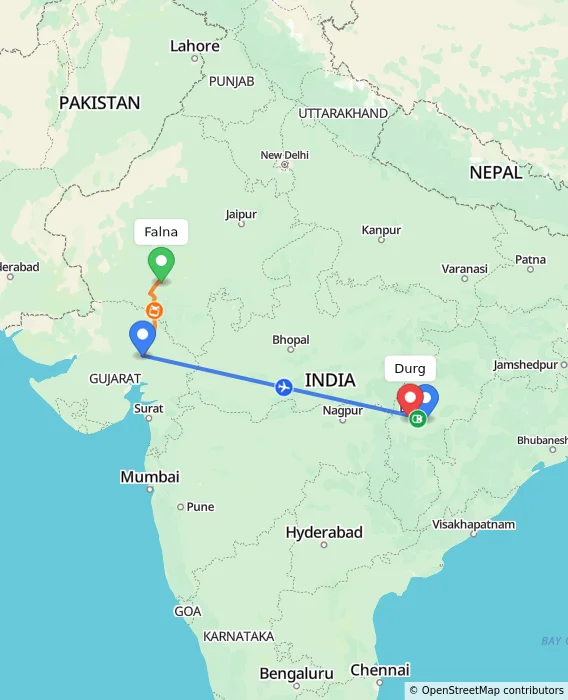 Route map showing distance and travel time from Falna, India to Durg, India