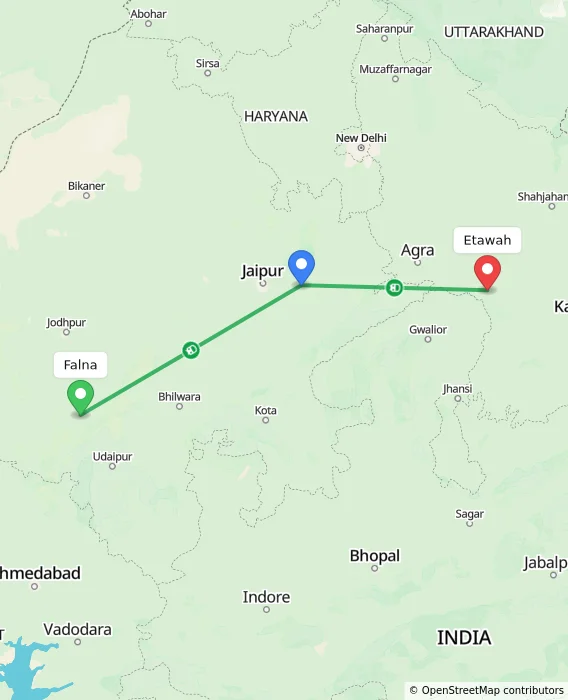 Route map showing distance and travel time from Falna, India to Etawah, India