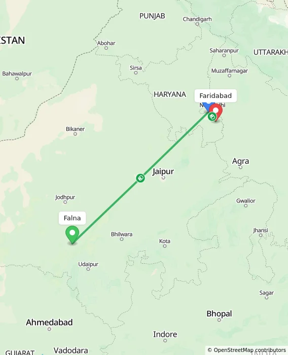Route map showing distance and travel time from Falna, India to Faridabad, India