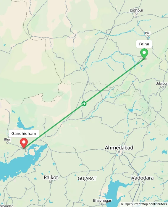 Route map showing distance and travel time from Falna, India to Gandhidham, India