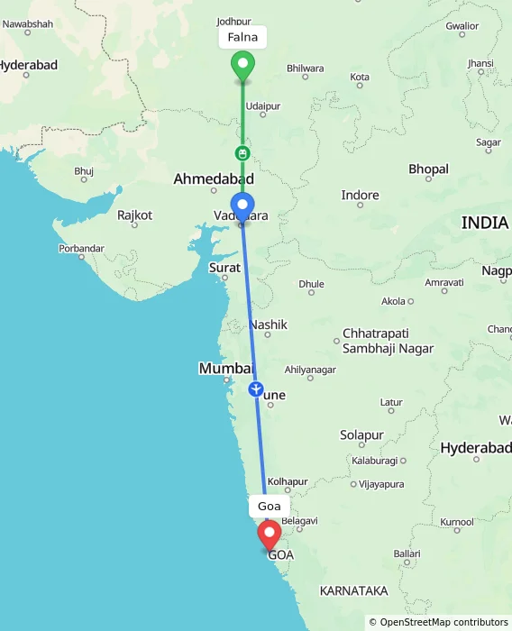 Route map showing distance and travel time from Falna, India to Goa, India