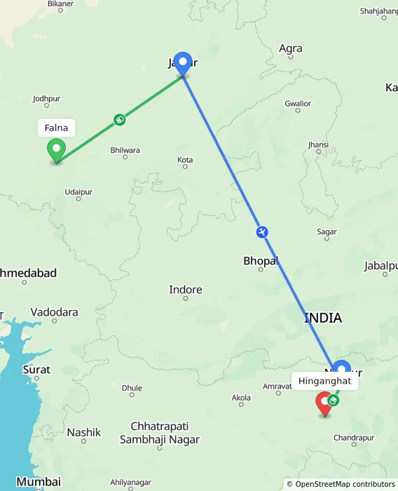 Route map showing distance and travel time from Falna, India to Hinganghat, India