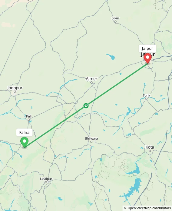 Route map showing distance and travel time from Falna, India to Jaipur, India