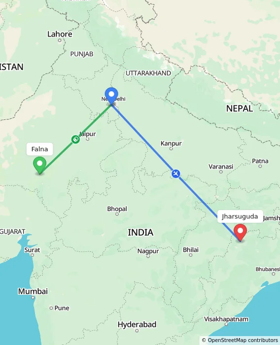 Route map showing distance and travel time from Falna, India to Jharsuguda, India