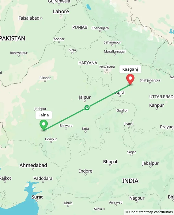 Route map showing distance and travel time from Falna, India to Kasganj, India