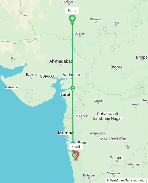 Route map showing distance and travel time from Falna, India to Khed, India