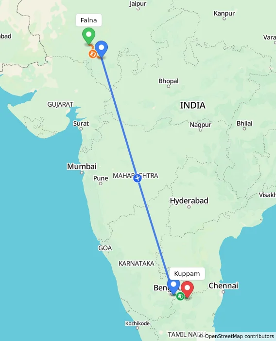 Route map showing distance and travel time from Falna, India to Kuppam, India
