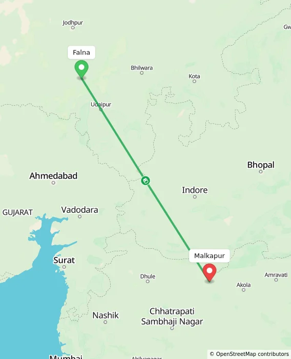 Route map showing distance and travel time from Falna, India to Malkapur, India