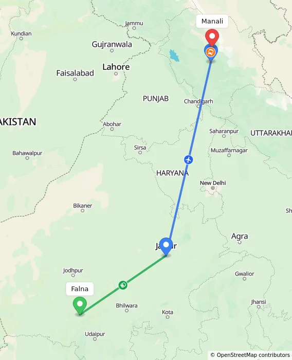 Route map showing distance and travel time from Falna, India to Manali, India