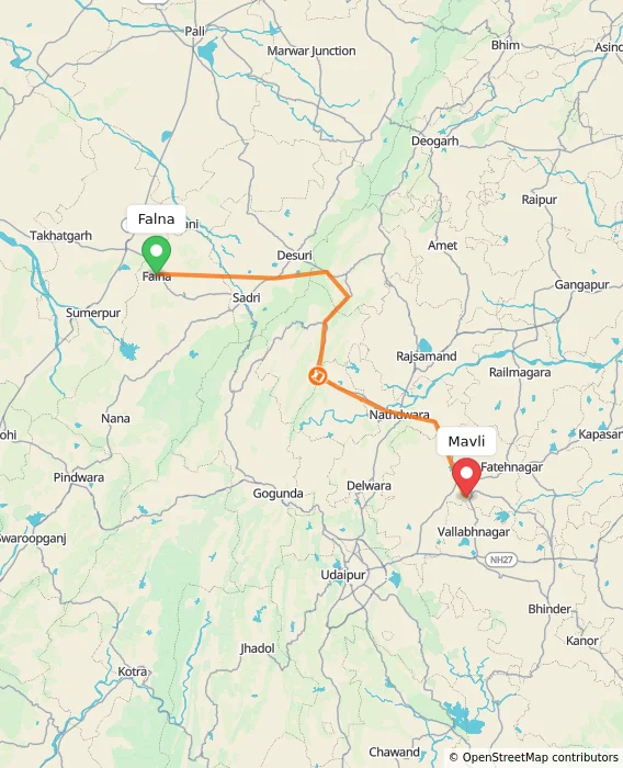 Route map showing distance and travel time from Falna, India to Mavli, India
