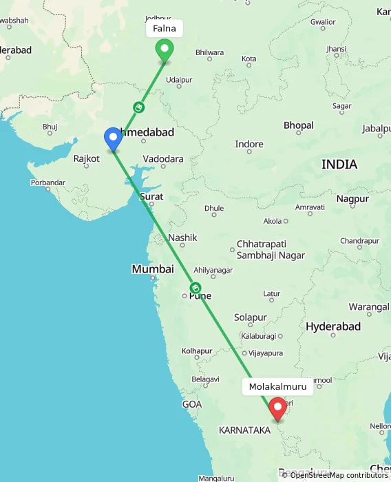 Route map showing distance and travel time from Falna, India to Molakalmuru, India