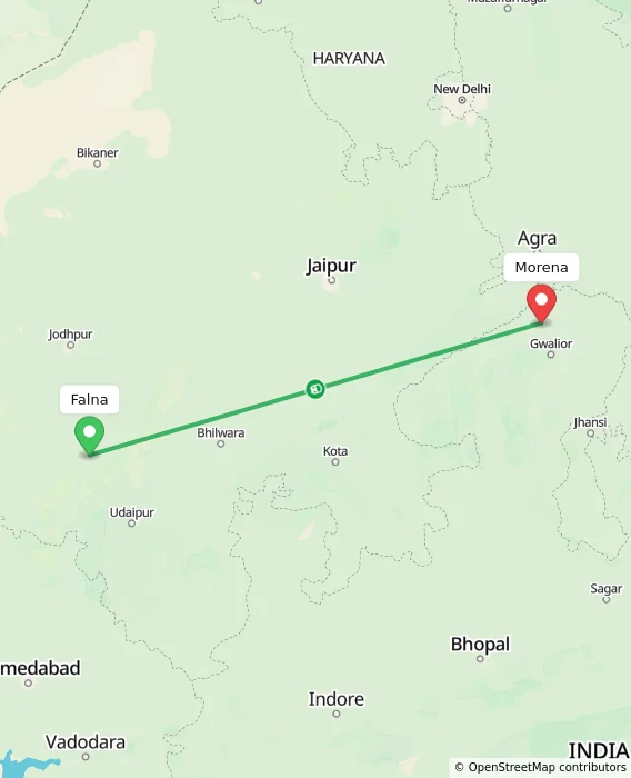 Route map showing distance and travel time from Falna, India to Morena, India