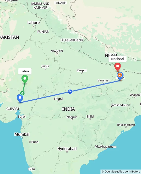 Route map showing distance and travel time from Falna, India to Motihari, India