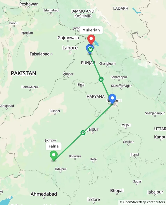 Route map showing distance and travel time from Falna, India to Mukerian, India