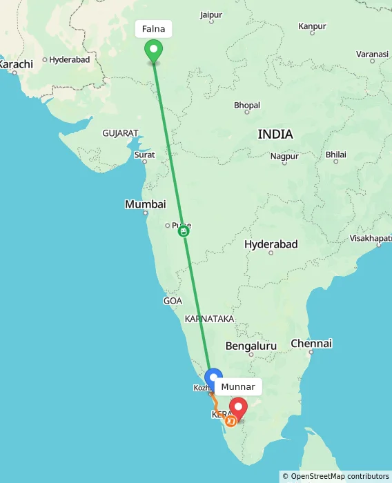 Route map showing distance and travel time from Falna, India to Munnar, India
