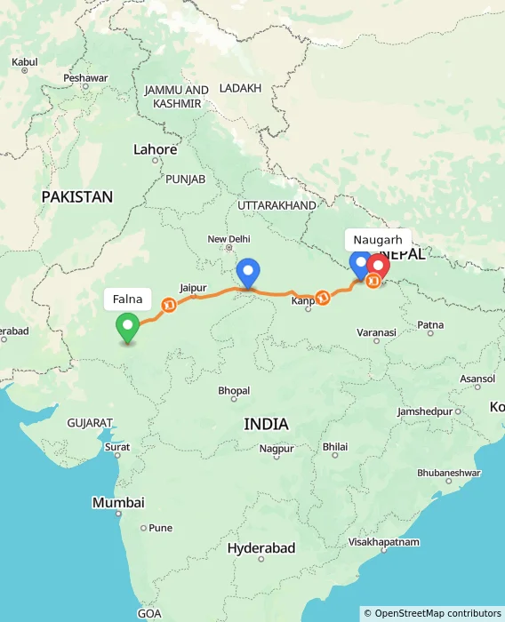 Route map showing distance and travel time from Falna, India to Naugarh, India