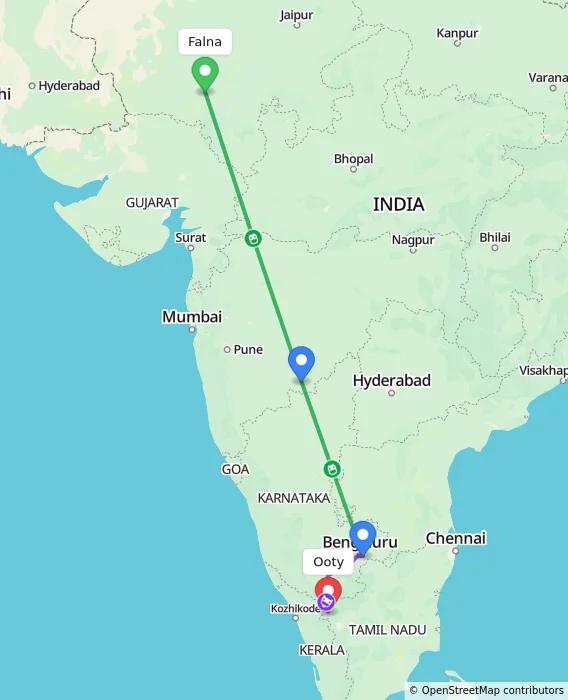 Route map showing distance and travel time from Falna, India to Ooty, India