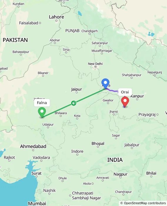 Route map showing distance and travel time from Falna, India to Orai, India