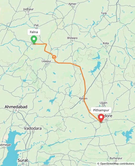 Route map showing distance and travel time from Falna, India to Pithampur, India