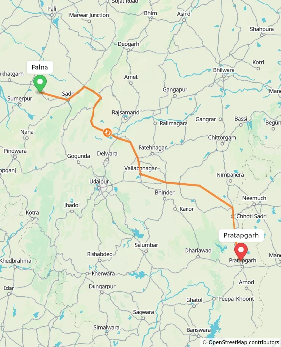 Route map showing distance and travel time from Falna, India to Pratapgarh, India