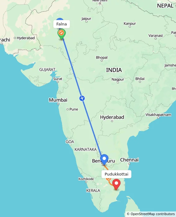 Route map showing distance and travel time from Falna, India to Pudukkottai, India