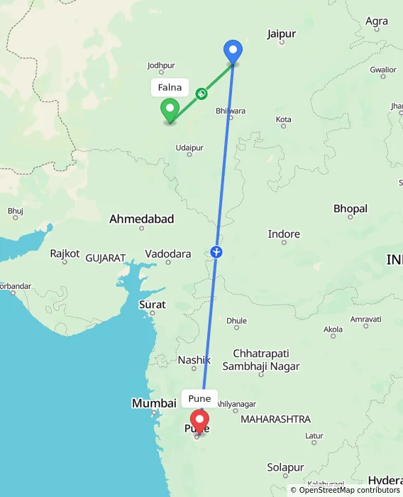 Route map showing distance and travel time from Falna, India to Pune, India