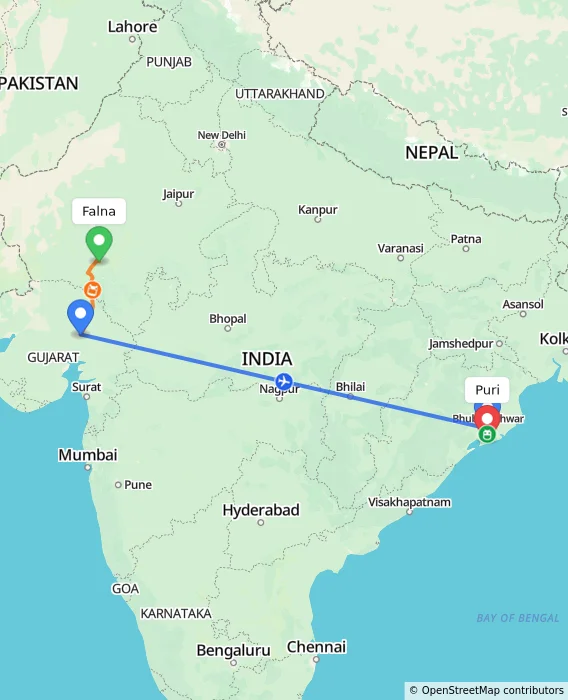 Route map showing distance and travel time from Falna, India to Puri, India