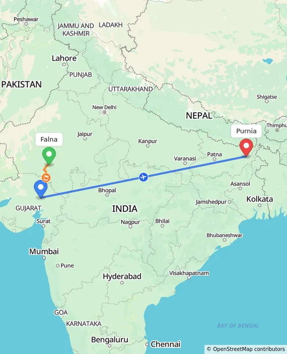Route map showing distance and travel time from Falna, India to Purnia, India