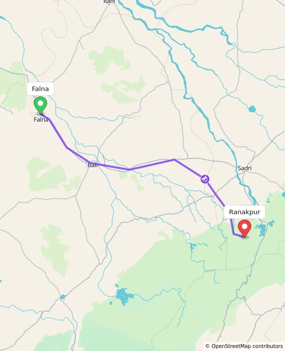 Route map showing distance and travel time from Falna, India to Ranakpur, India