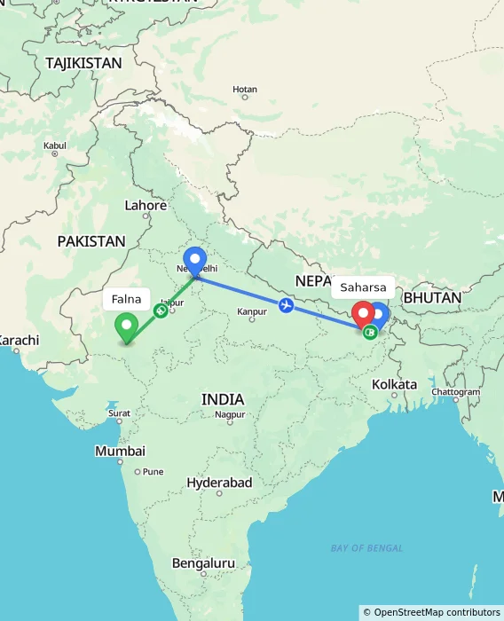 Route map showing distance and travel time from Falna, India to Saharsa, India