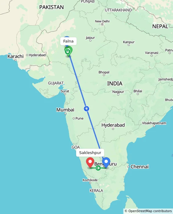 Route map showing distance and travel time from Falna, India to Sakleshpur, India