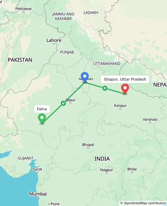 Route map showing distance and travel time from Falna, India to Sitapur, Uttar Pradesh, India