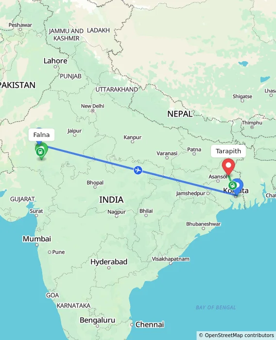 Route map showing distance and travel time from Falna, India to Tarapith, India