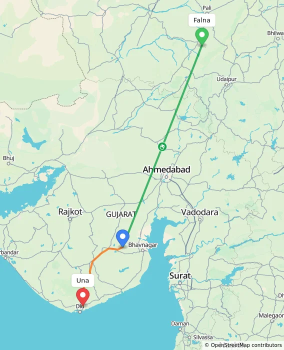 Route map showing distance and travel time from Falna, India to Una, India