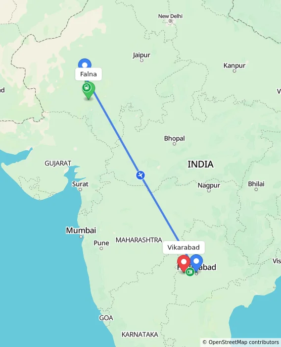 Route map showing distance and travel time from Falna, India to Vikarabad, India