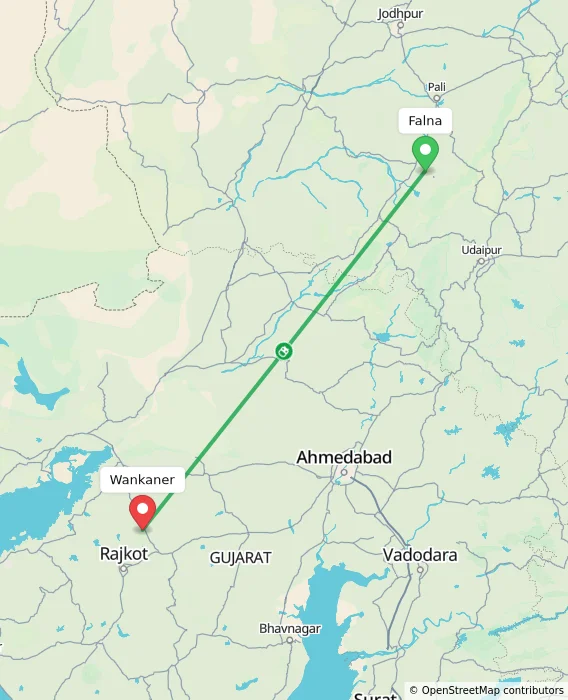 Route map showing distance and travel time from Falna, India to Wankaner, India