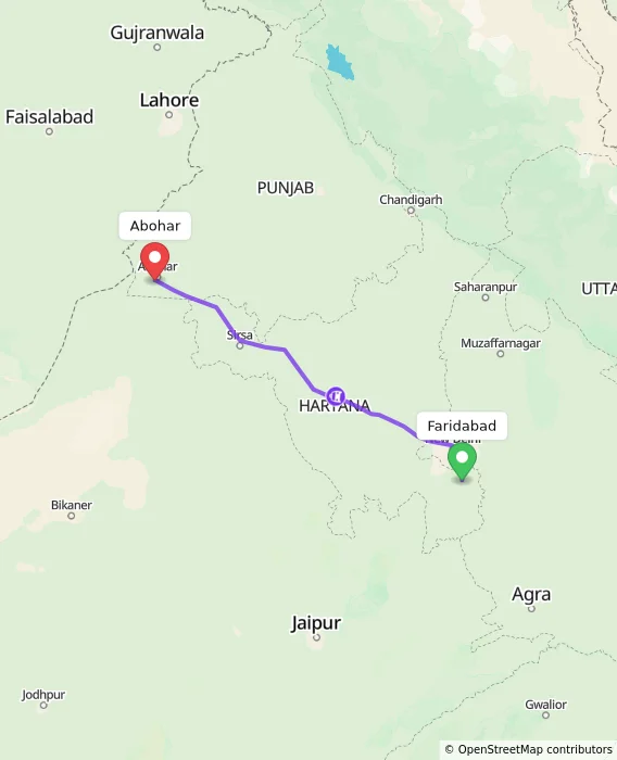 Route map showing distance and travel time from Faridabad, India to Abohar, India