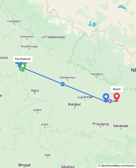 Route map showing distance and travel time from Faridabad, India to Basti, India