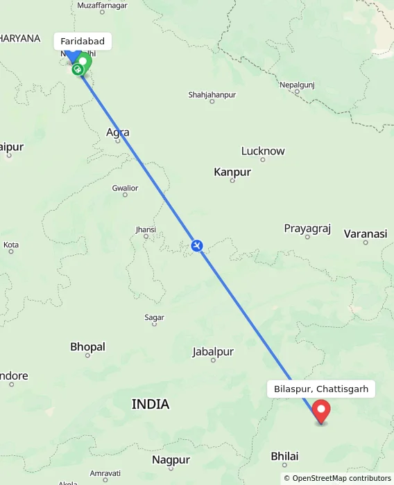 Route map showing distance and travel time from Faridabad, India to Bilaspur, Chattisgarh, India