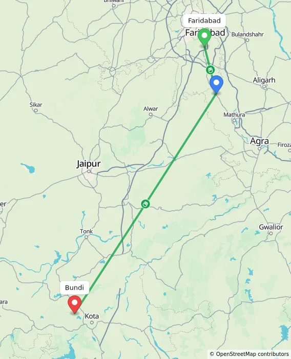 Route map showing distance and travel time from Faridabad, India to Bundi, India