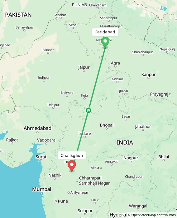 Route map showing distance and travel time from Faridabad, India to Chalisgaon, India