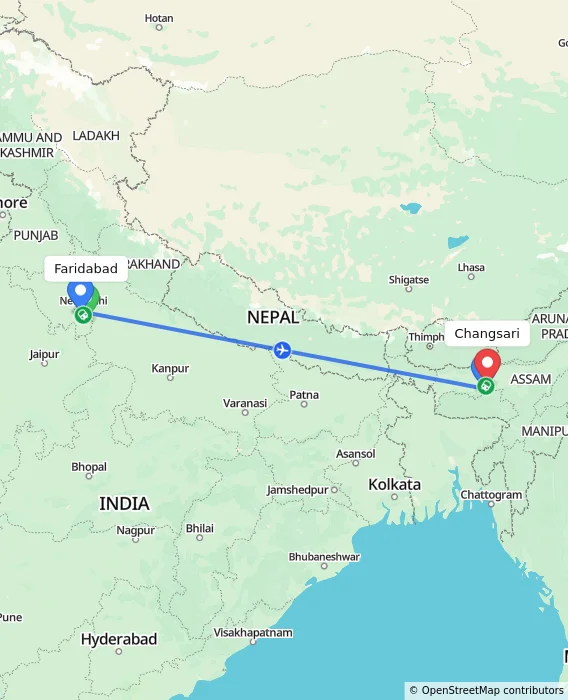 Route map showing distance and travel time from Faridabad, India to Changsari, India
