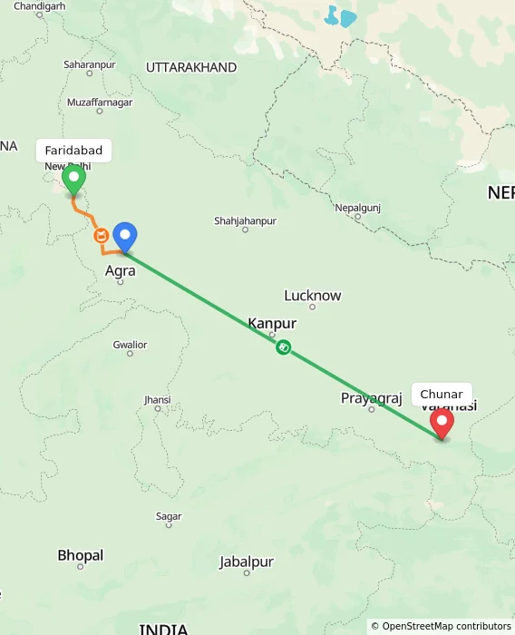 Route map showing distance and travel time from Faridabad, India to Chunar, India
