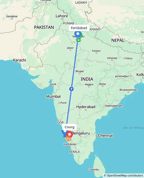 Route map showing distance and travel time from Faridabad, India to Coorg, India